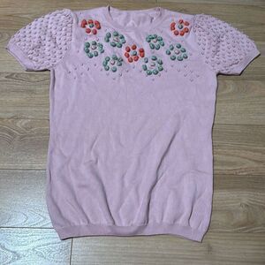 100% cotton pink flower embroidered sweater size small